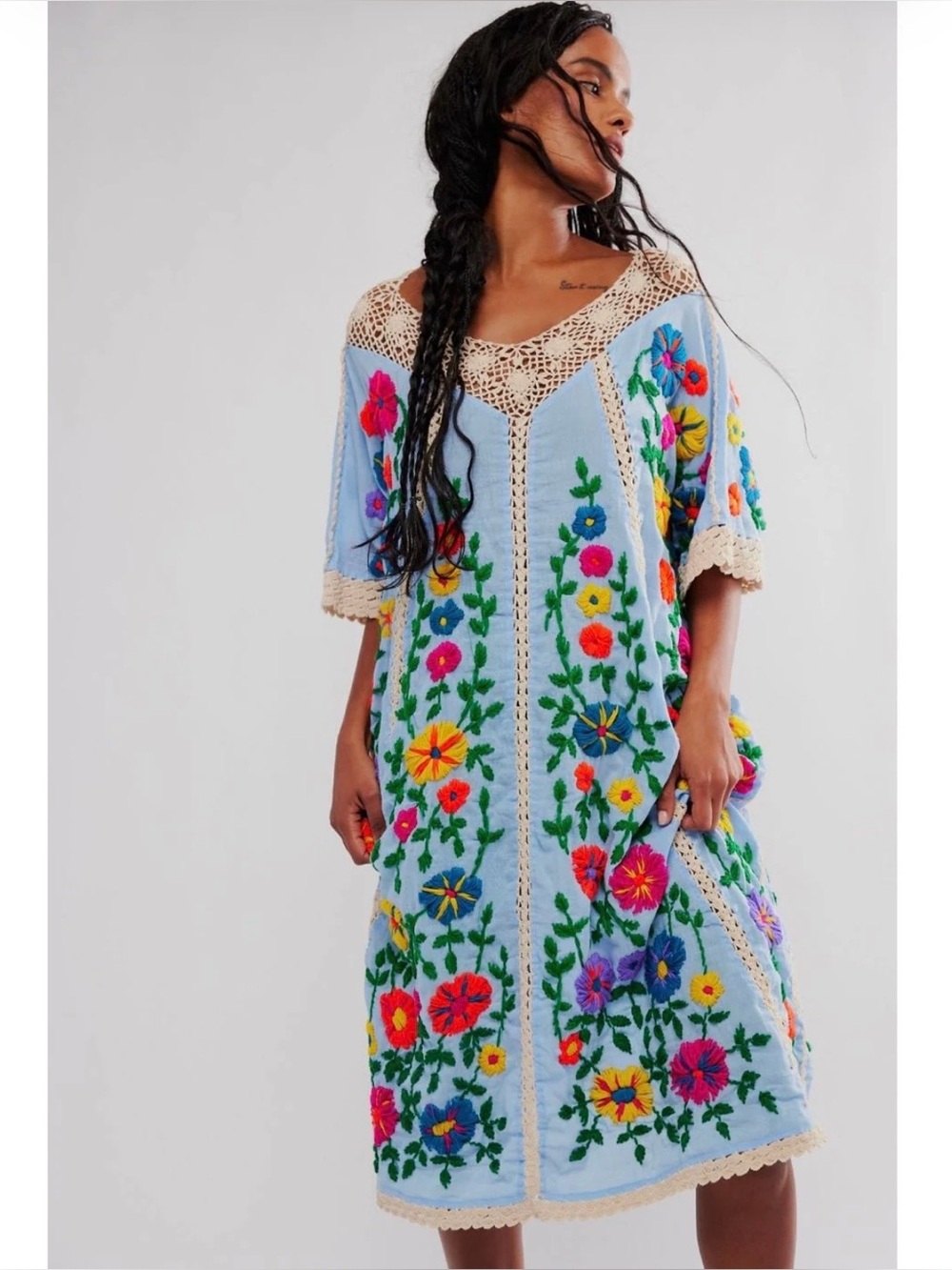 New Free People x Momo New York floral embroidered kaftan in blue
